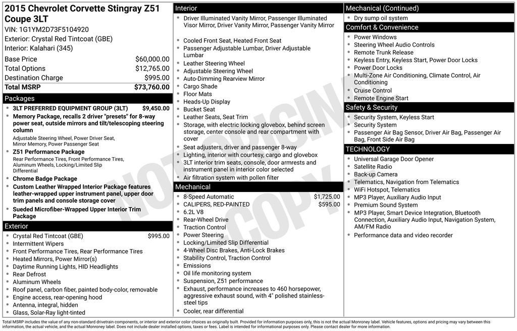 2015 Chevrolet Corvette Stingray Z51 3LT